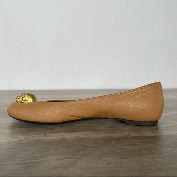ALEXANDER Mcqueen Tan Leather Gold Rhinestone Skull Ballet Flats - Picture 11 of 14